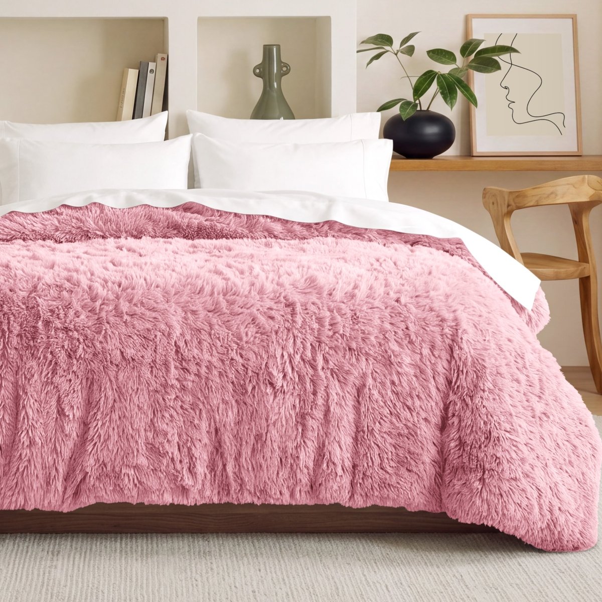Shaggy duvet on a bed in a bedroom setting with decor elements.