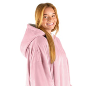 An adult with a hooded wearable blanket on