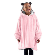 A child with a sherpa wearable blanket on