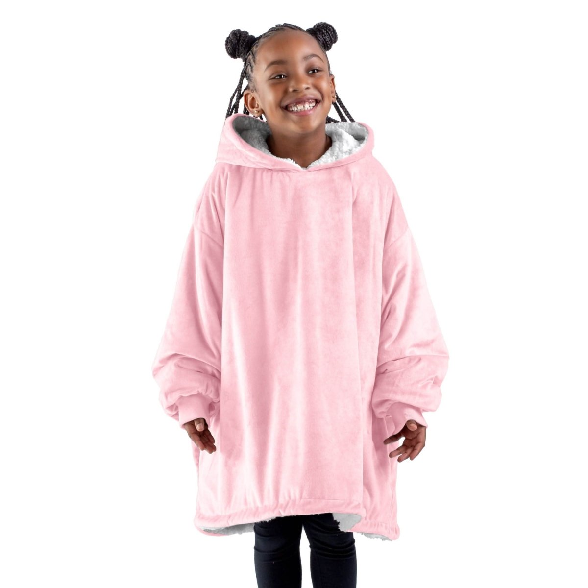 A child with a sherpa wearable blanket on