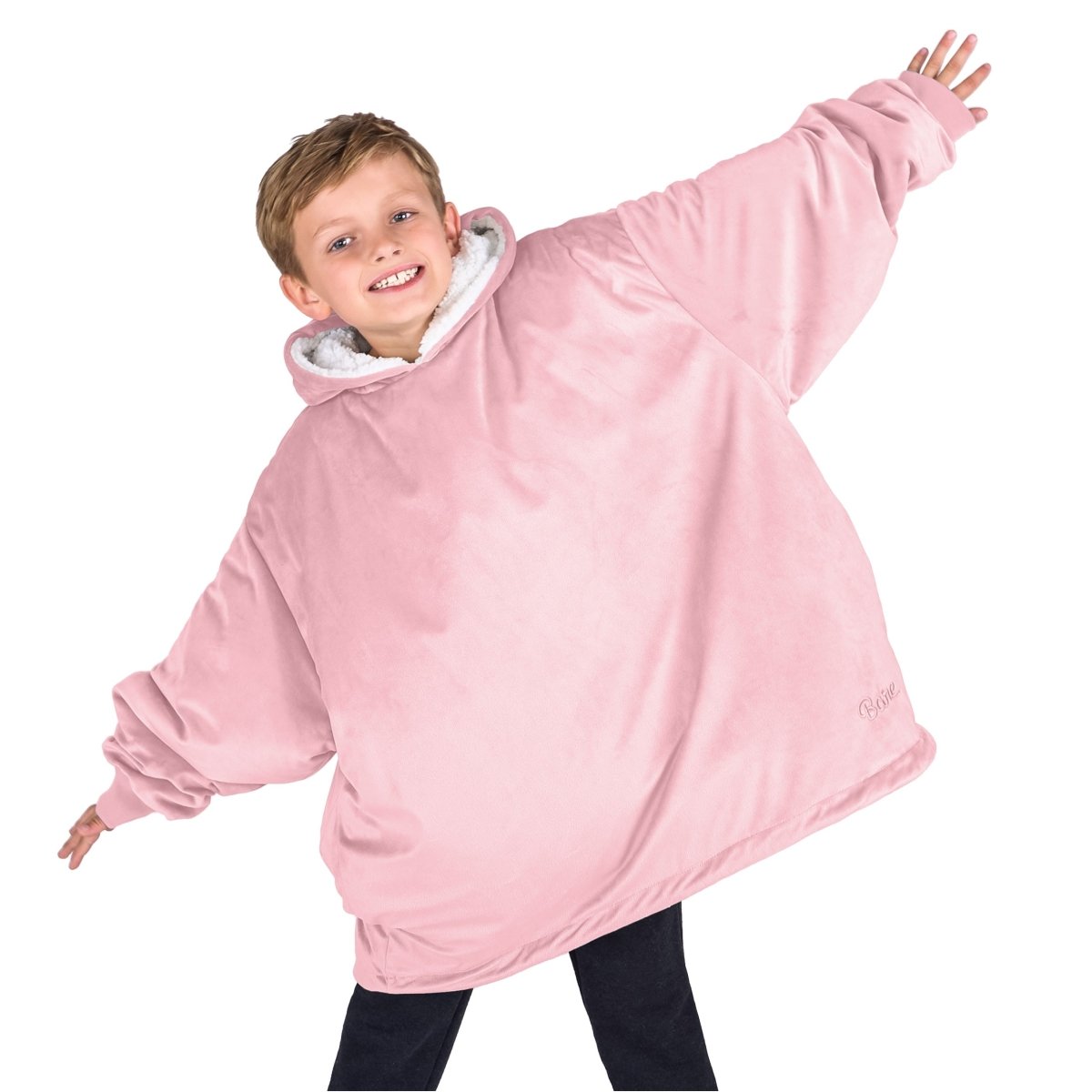A child with a wearable blanket on
