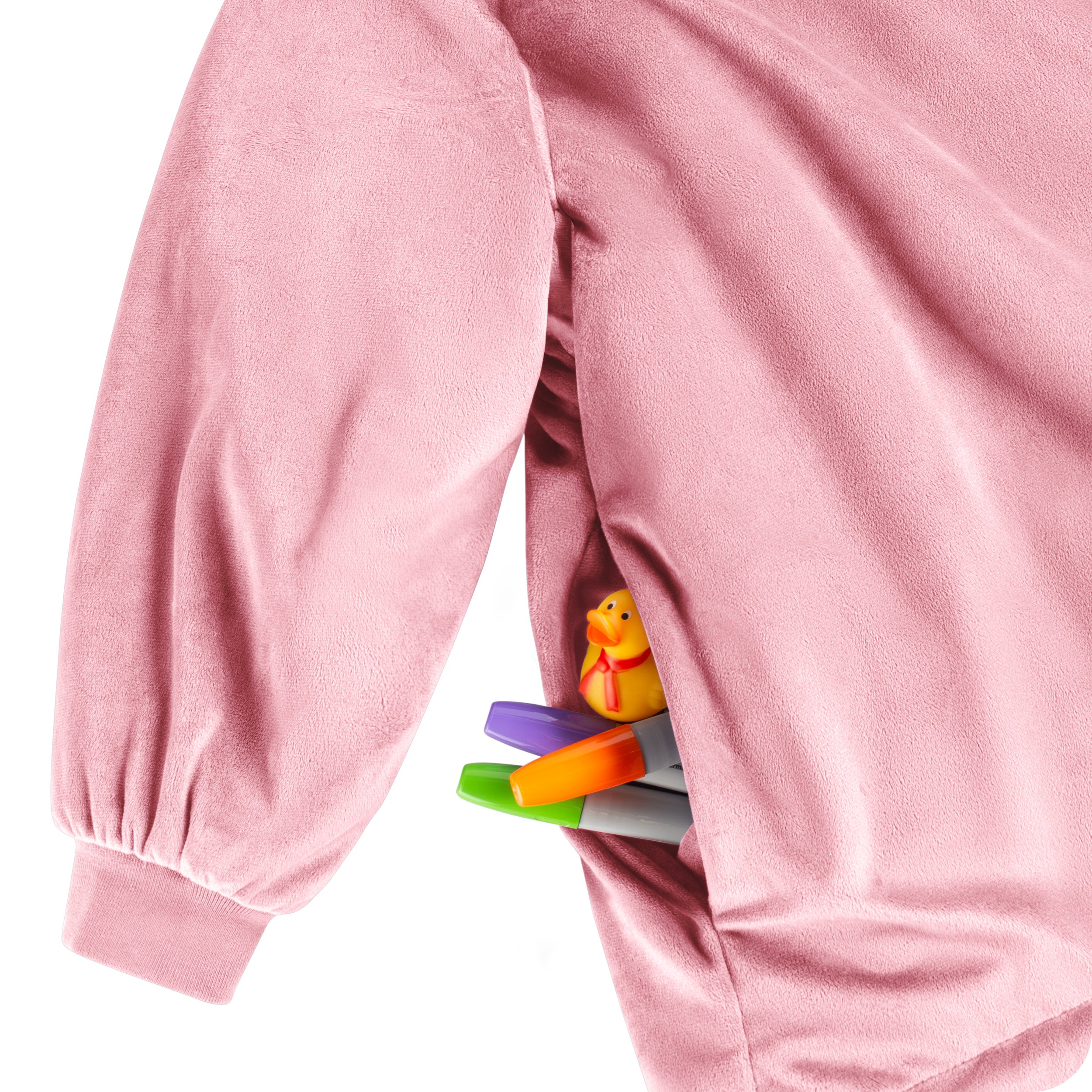 Close up of 1 pocket on the wearable blanket. Some markers and toys are sticking out of the pocket.