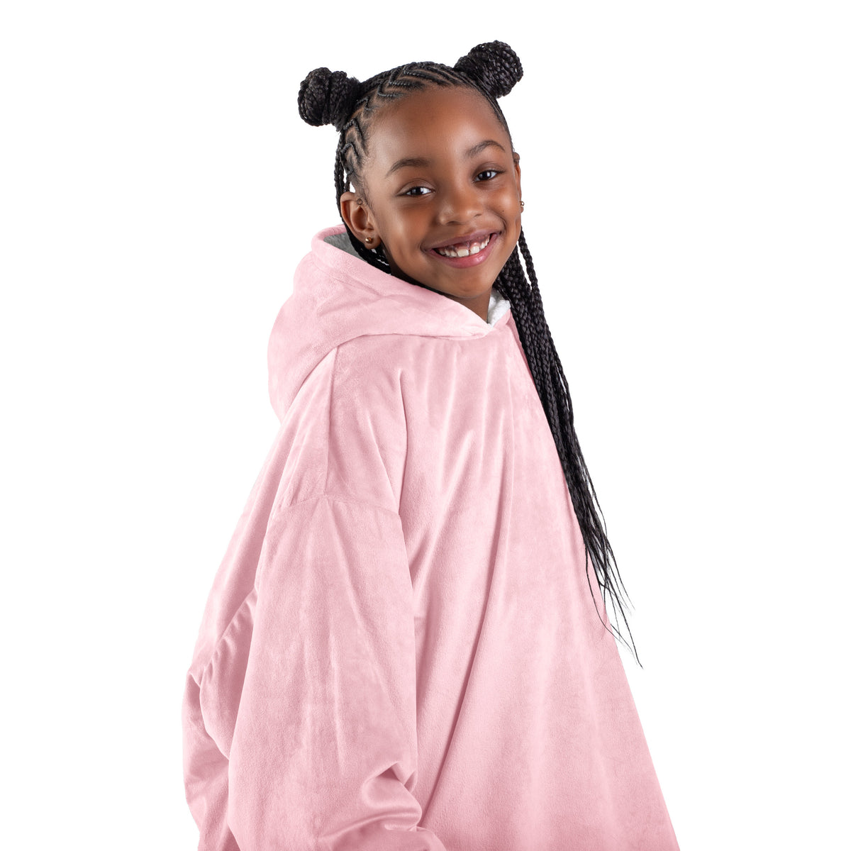 Close up of a sherpa wearable blanket on a child