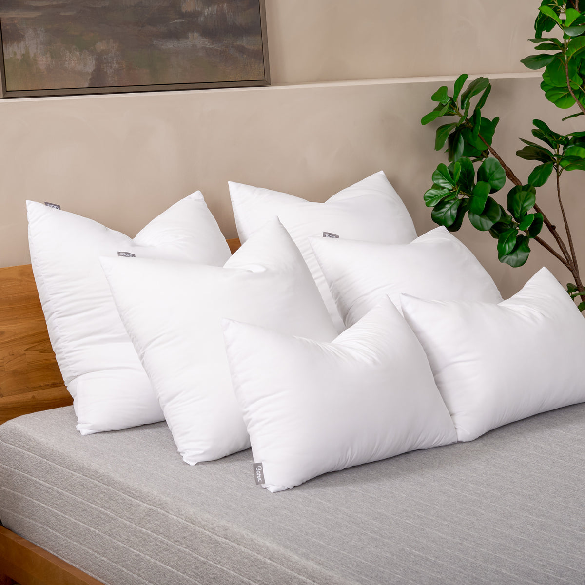 6 pillow inserts on a bed