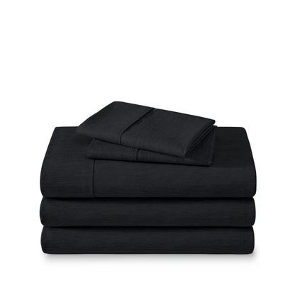 Microfiber sheet set folded and stacked