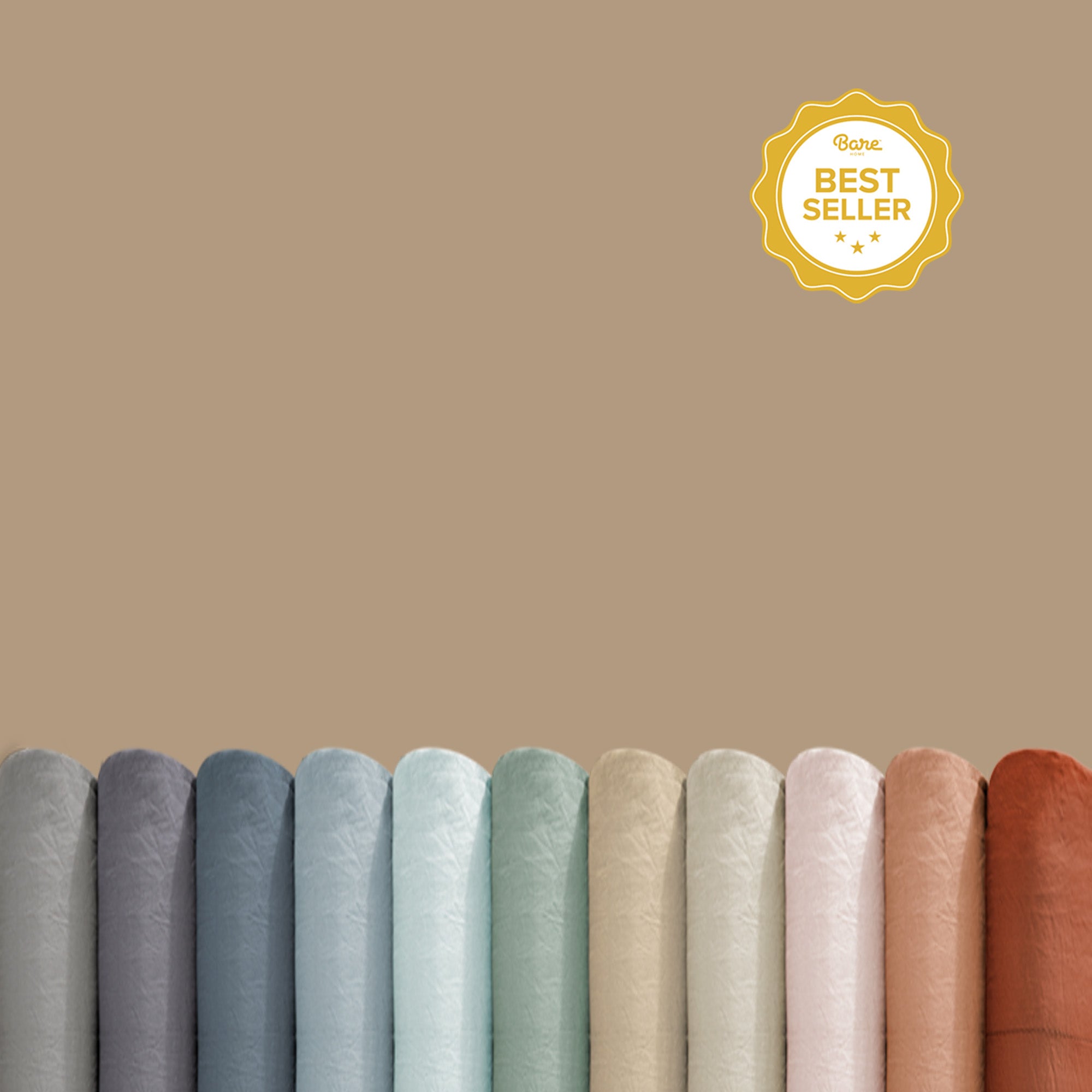Row of fabric swatches in various colors on a beige background with a 'Best Seller' badge.