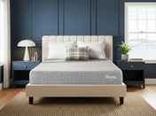 Beige bed frame with gray mattress cover in a bedroom setting