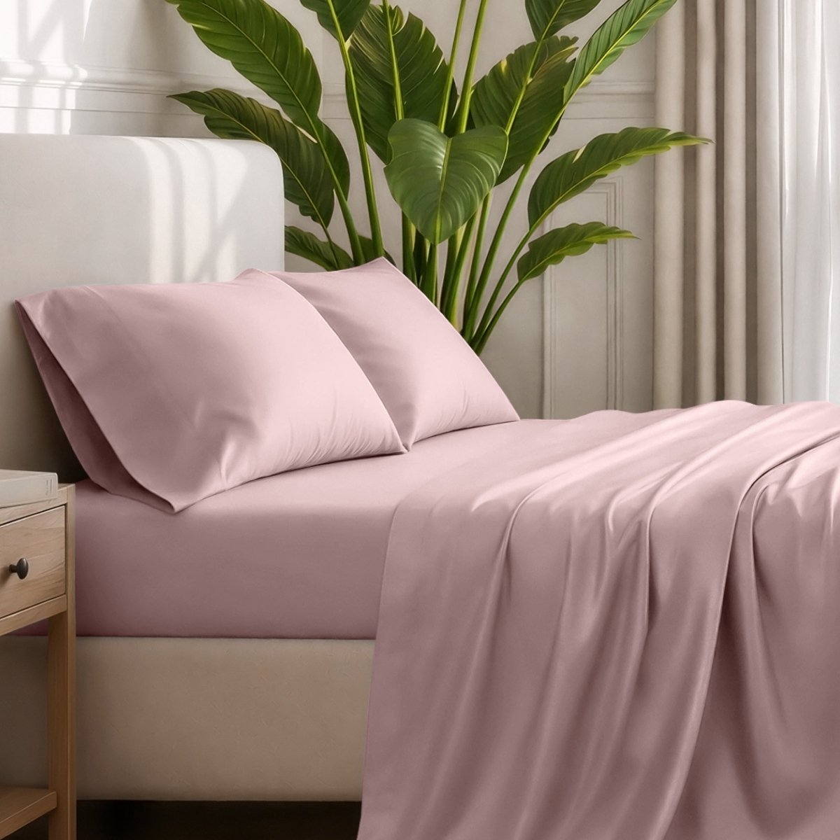 Ultra-soft sheets and pillowcases on a bed with a plant in the background