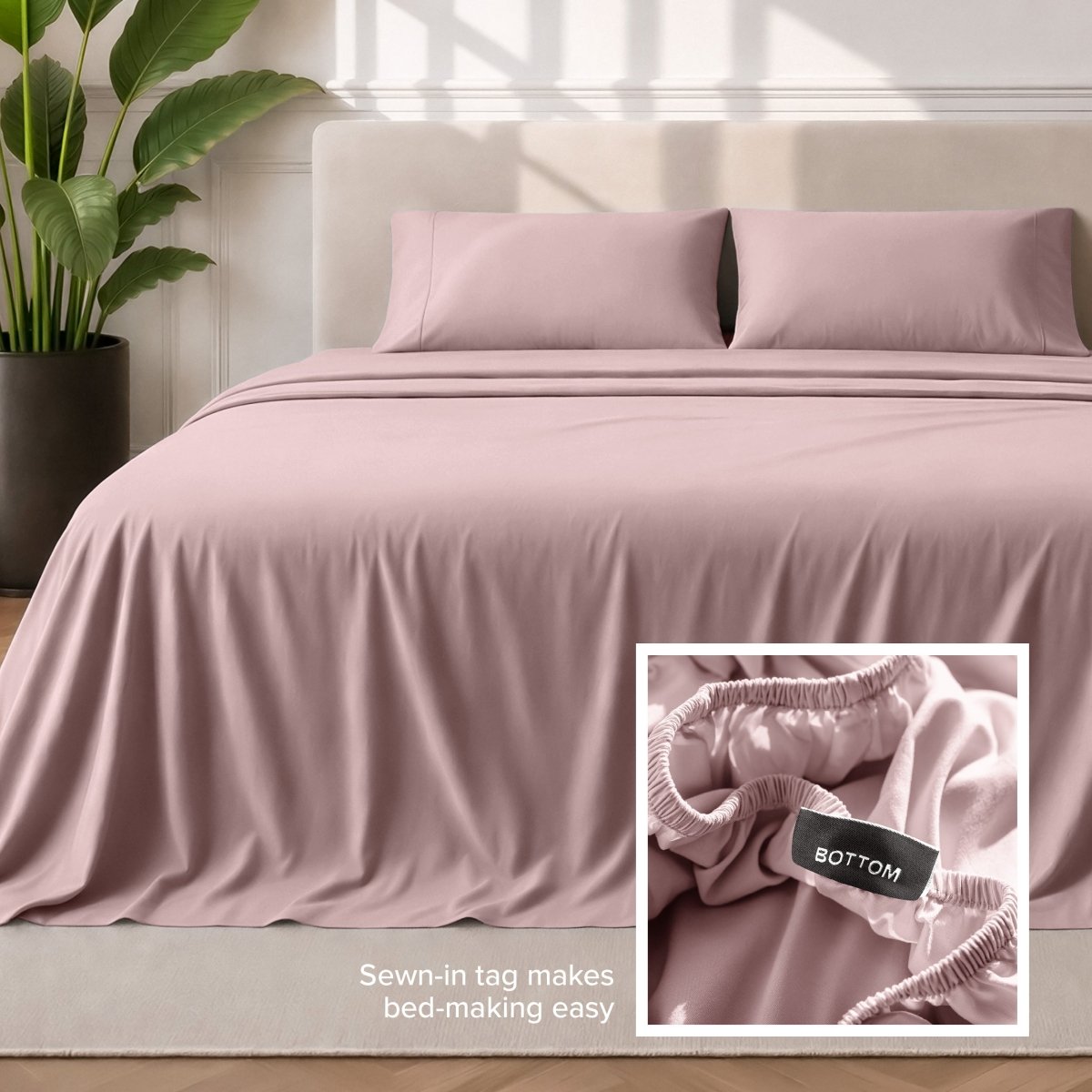 Sewn-in tag makes bed-making easy