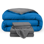 A reversible microfiber comforter and a coordinating sheet set folded and stacked