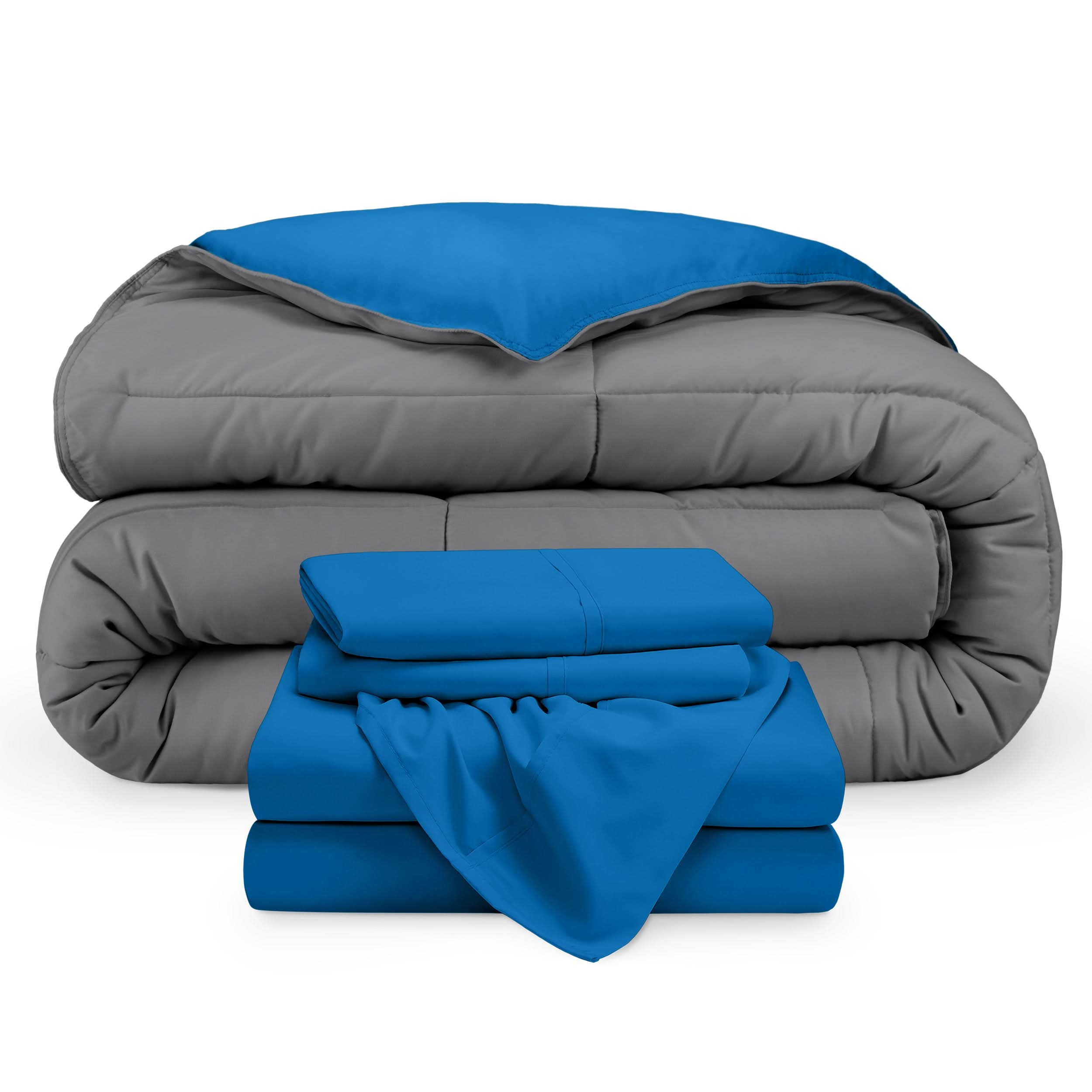 A reversible microfiber comforter and a coordinating sheet set folded and stacked