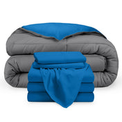 A reversible microfiber comforter and a coordinating sheet set folded and stacked