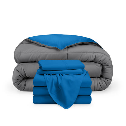 A reversible microfiber comforter and a coordinating sheet set folded and stacked
