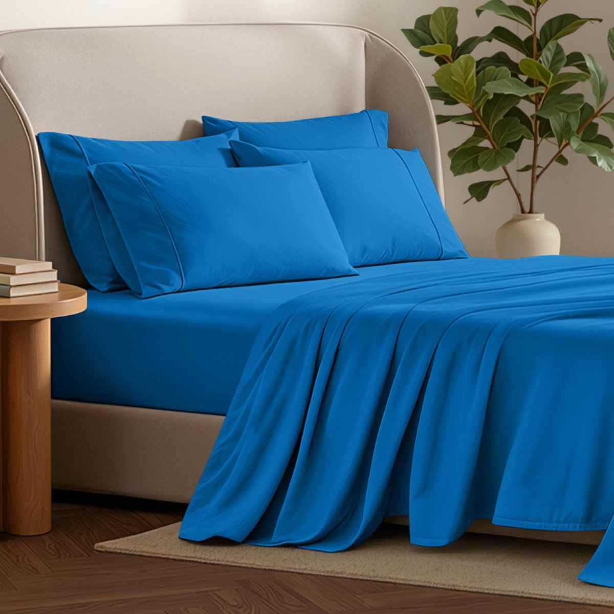 Bed sheets and pillows on a bed with a plant and side table in the background.