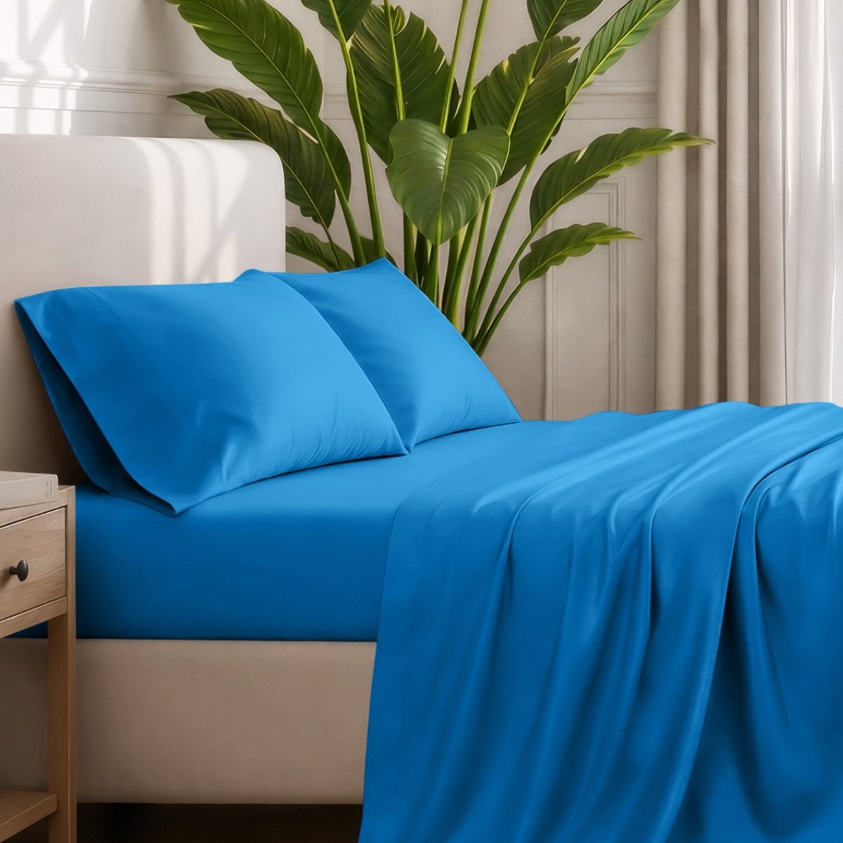 Ultra-soft sheets and pillowcases on a bed with a plant in the background