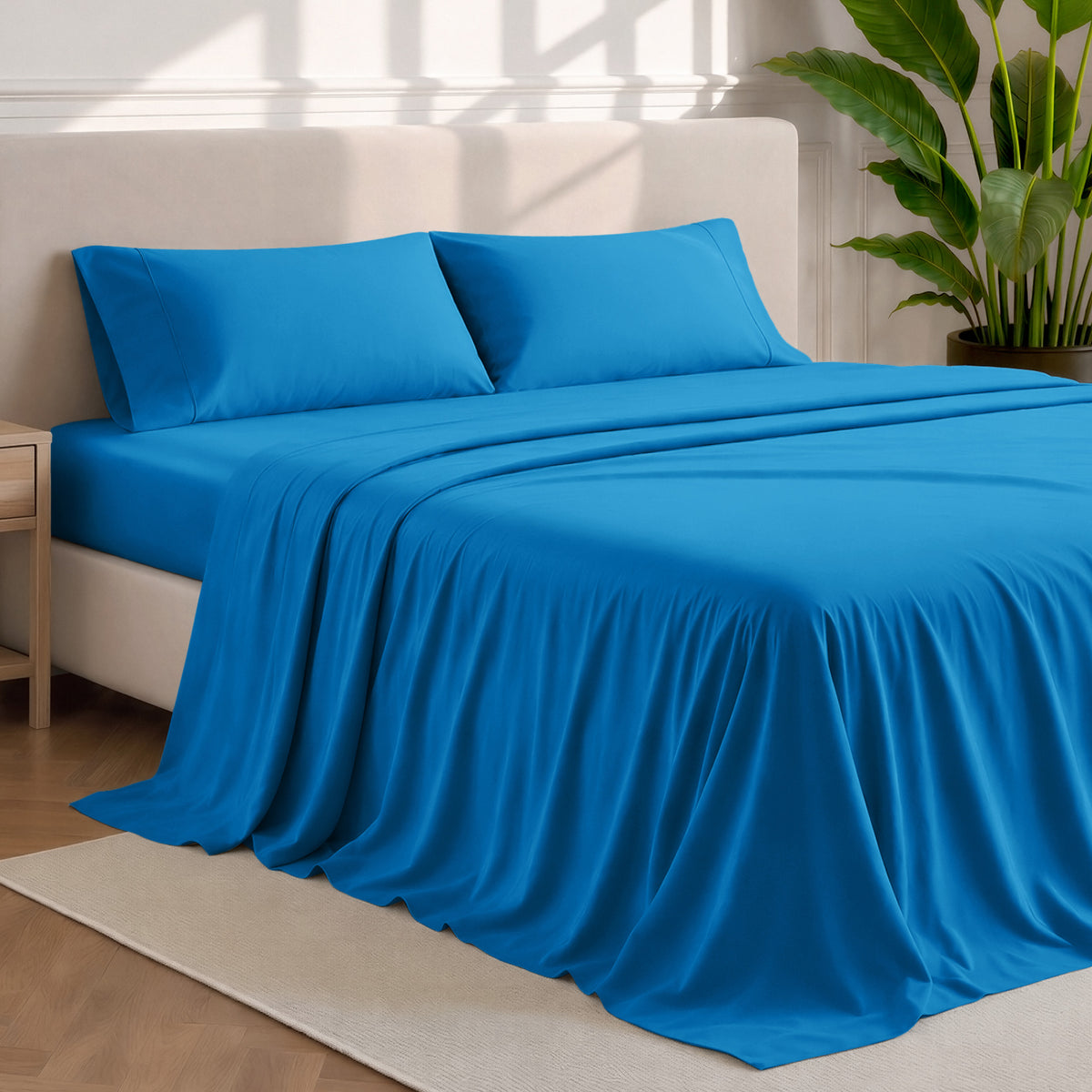 Microfiber sheets and pillowcases in a bedroom stetting