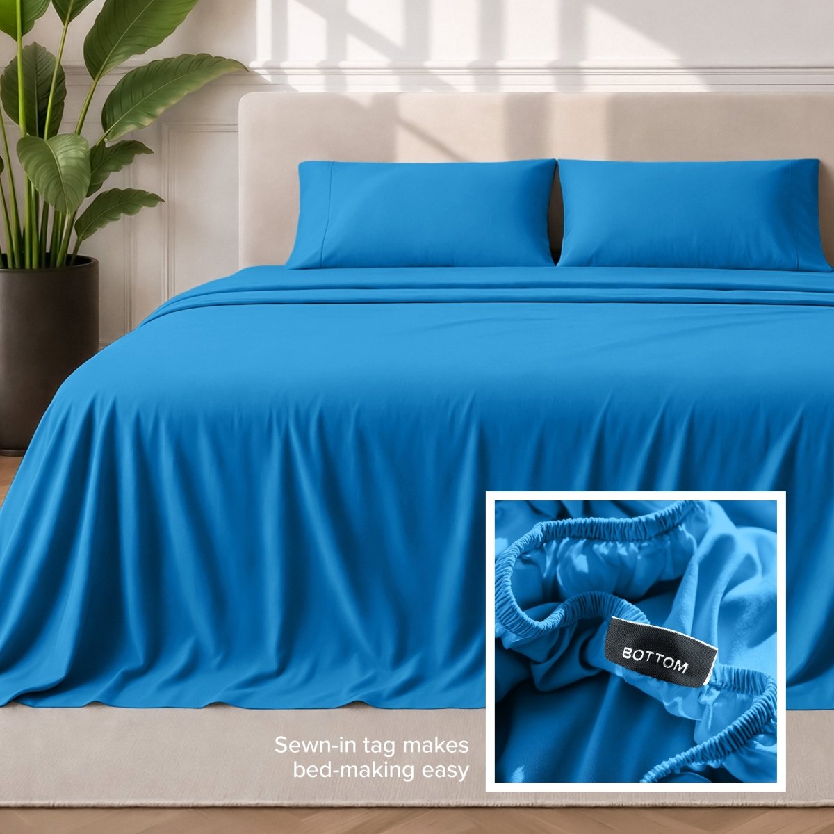 Sewn-in tag makes bed-making easy