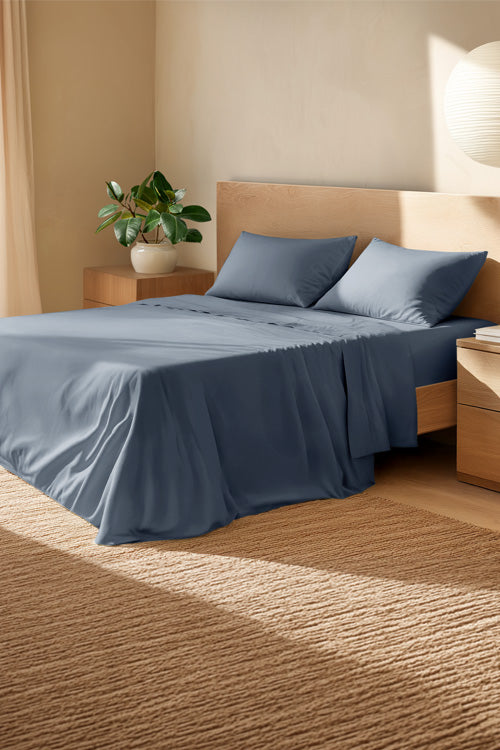 Memorial Day Sale Banner - Blue bed in warm looking room