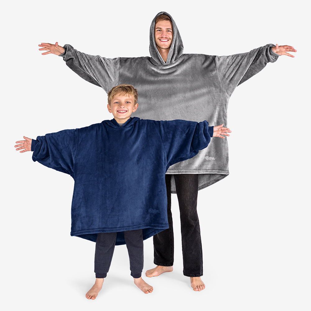 Dad and Son Wearing Microplush Wearable Blanket