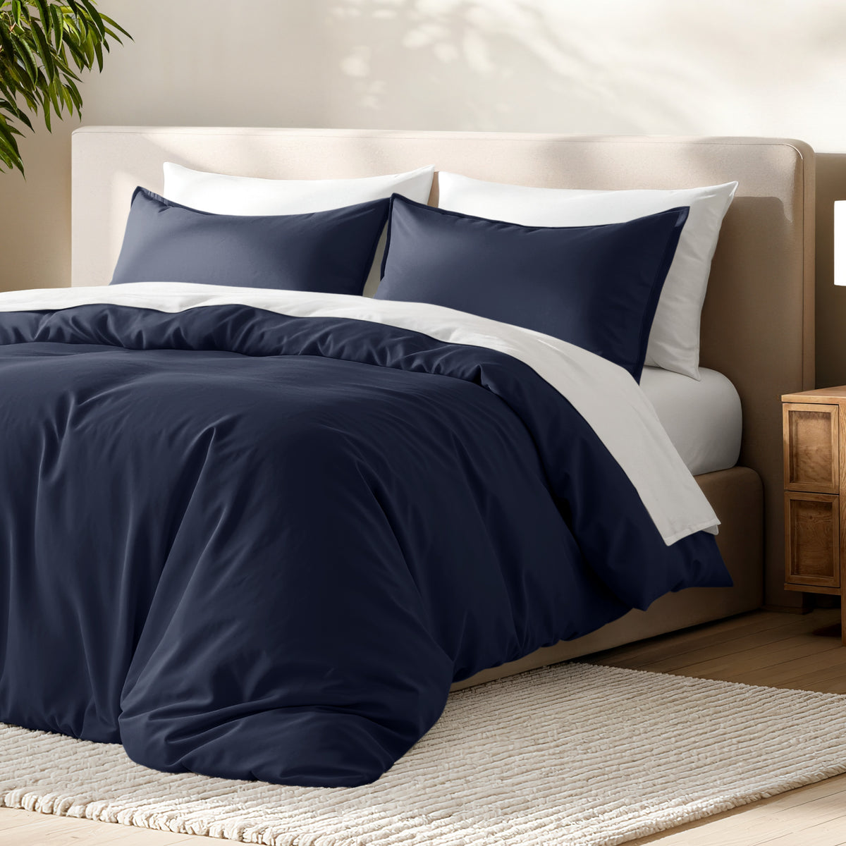 Bed with microfiber duvet cover and sham set in a bedroom setting.
