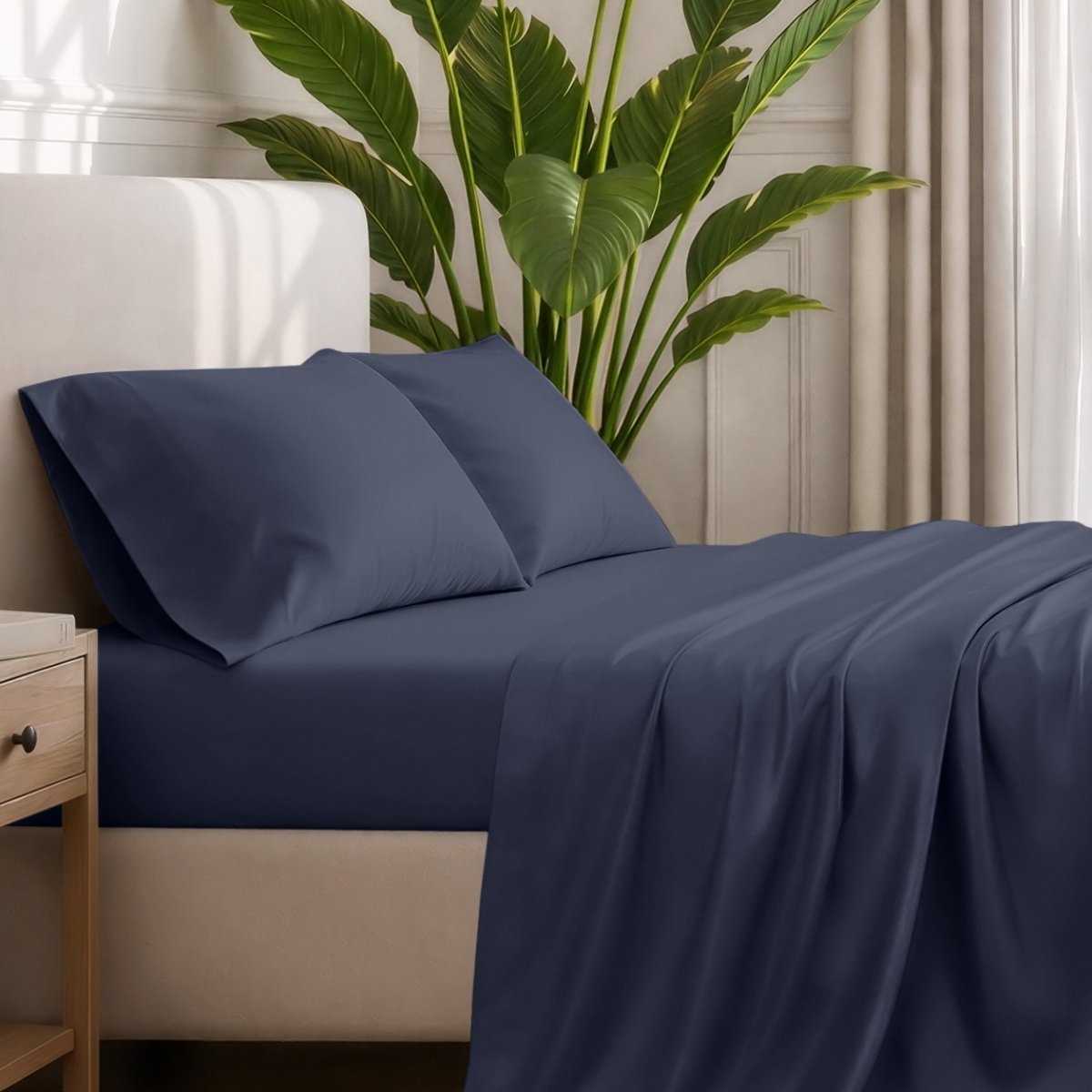 Ultra-soft sheets and pillowcases on a bed with a plant in the background