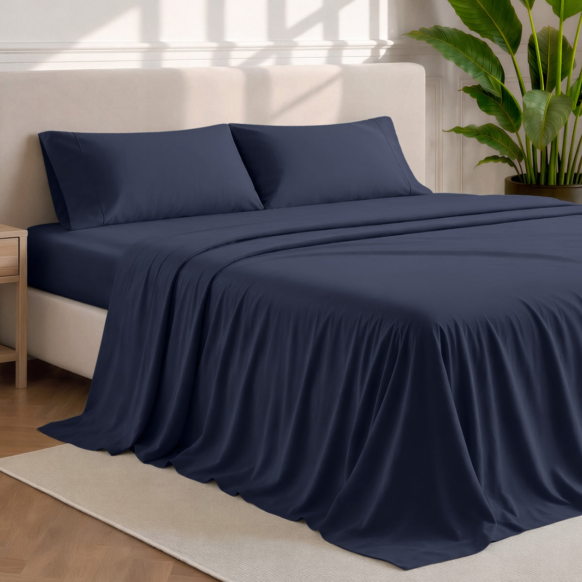 Microfiber sheets and pillowcases in a bedroom stetting