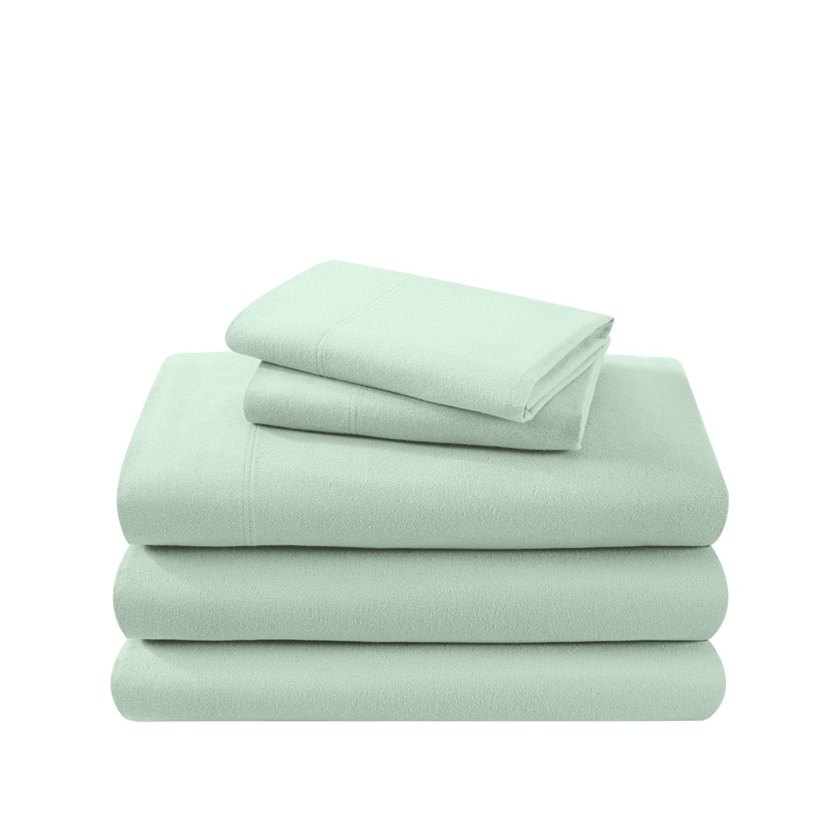 Cotton flannel sheet set folded and stacked on a white background