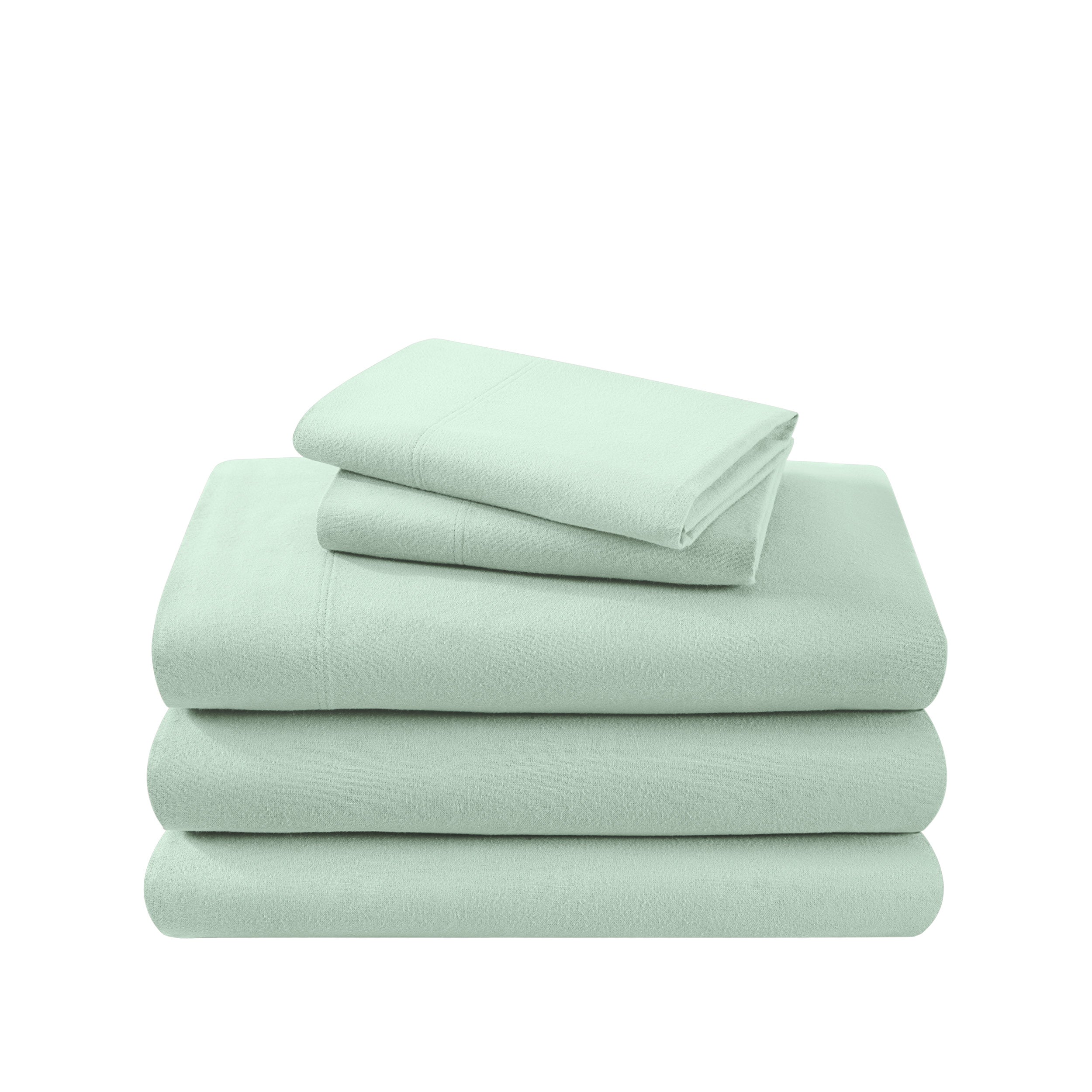 Cotton flannel sheet set folded and stacked on a white background
