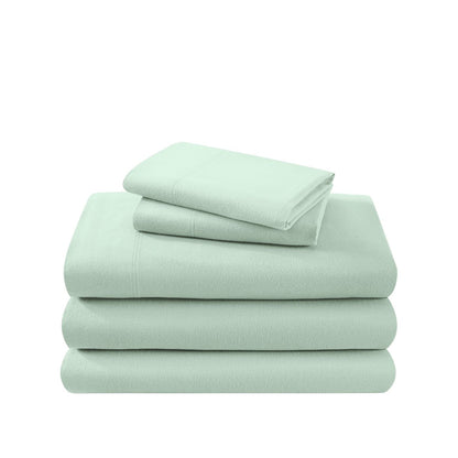 Cotton flannel sheet set folded and stacked on a white background