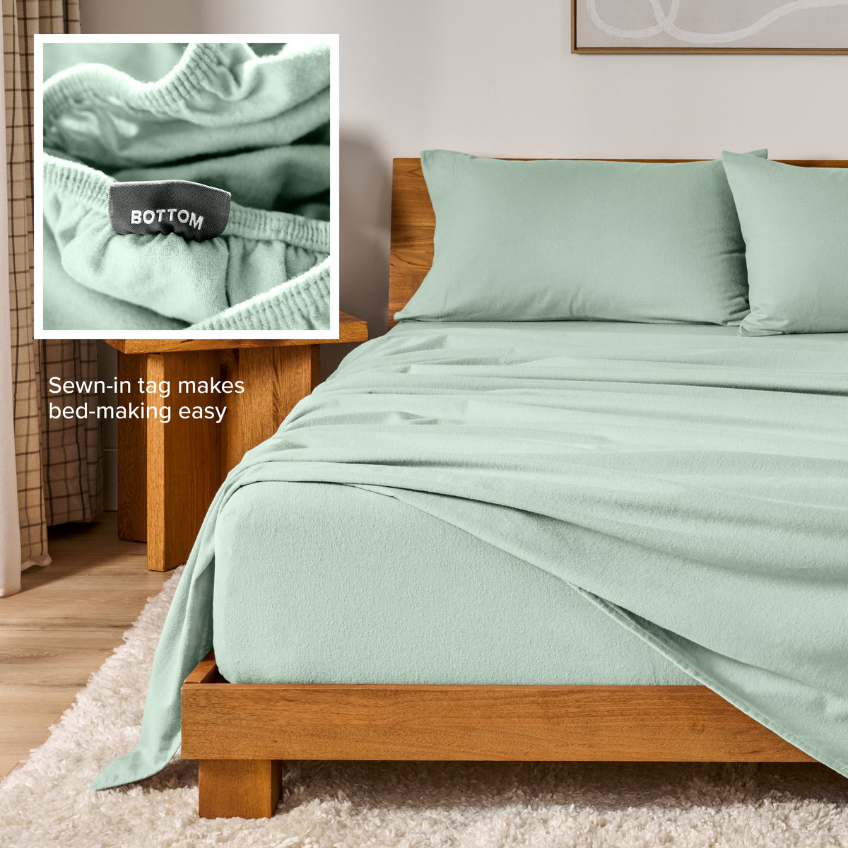 Flannel sheets on a with an inset of a sewn-in tag reading BOTTOM