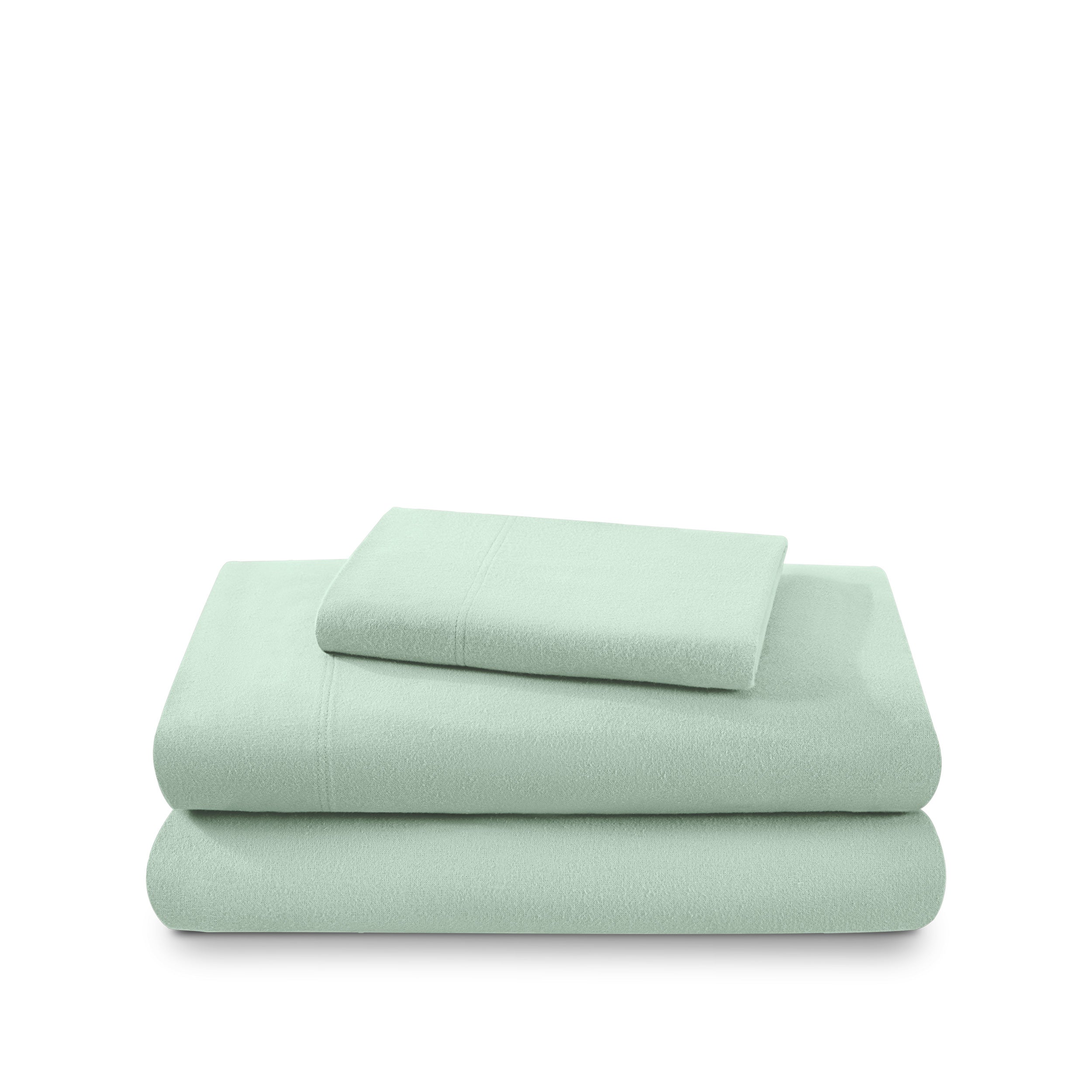 Cotton flannel sheet set folded and stacked on a white background