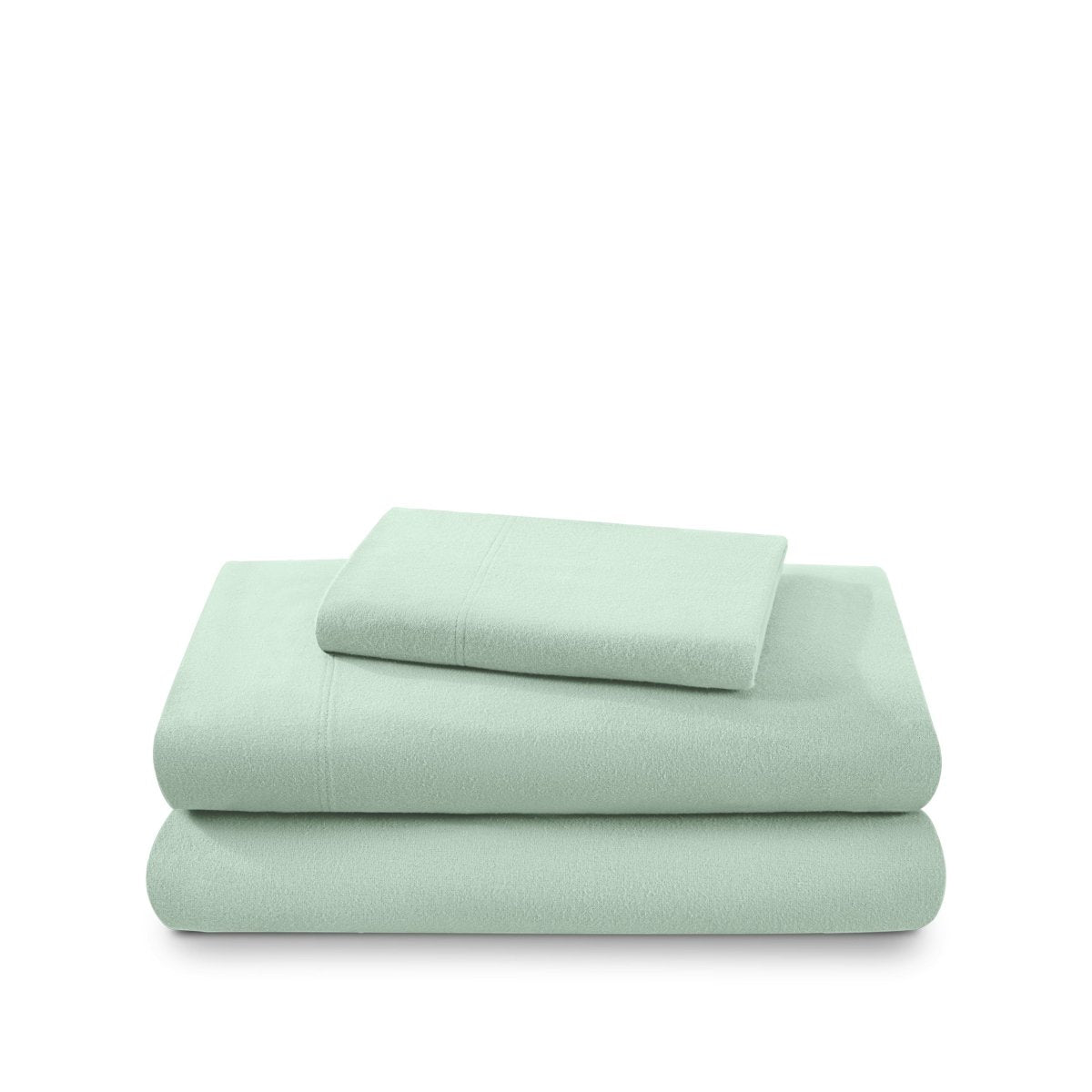 Cotton flannel sheet set folded and stacked on a white background