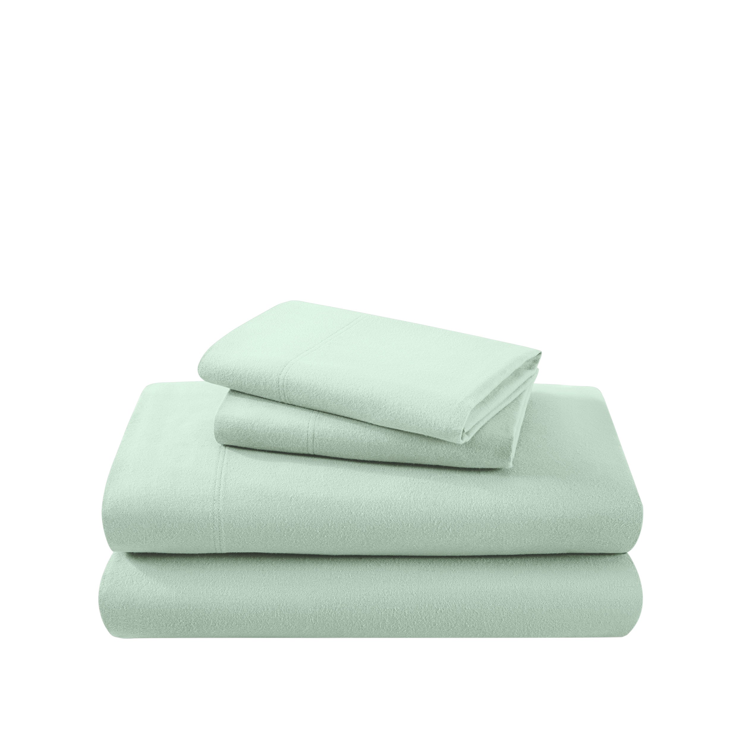 Cotton flannel sheet set folded and stacked on a white background
