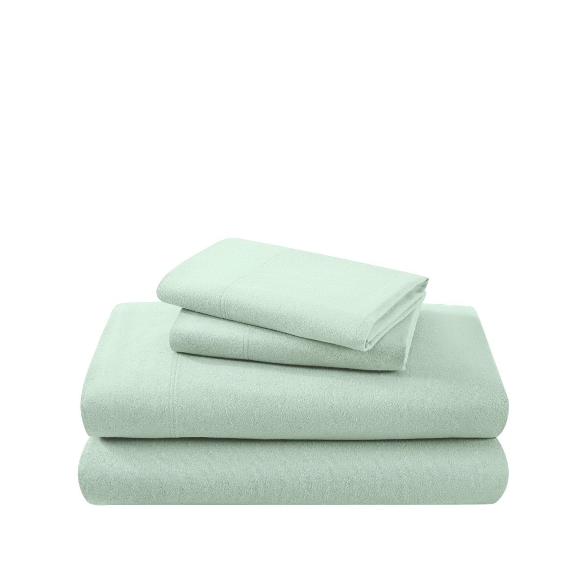 Cotton flannel sheet set folded and stacked on a white background