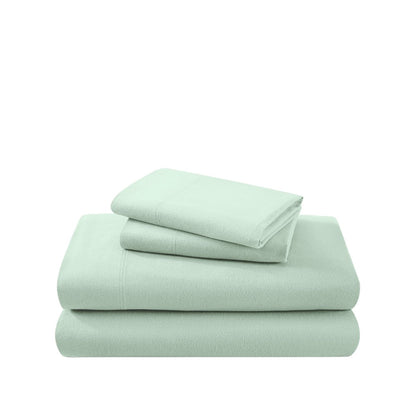 Cotton flannel sheet set folded and stacked on a white background
