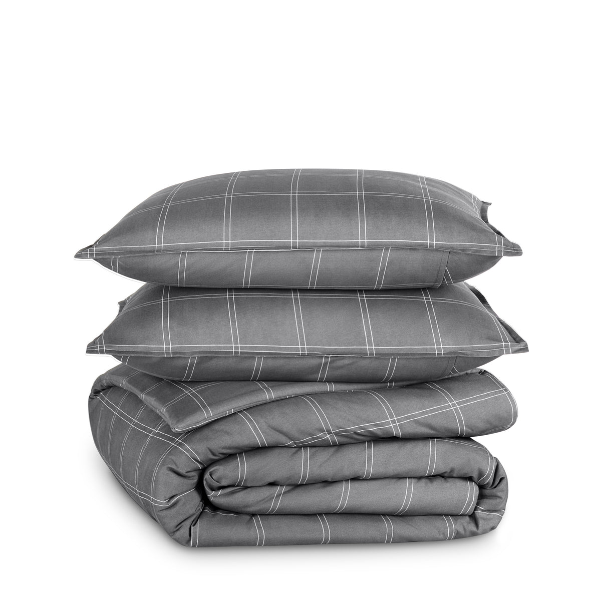 Comforter set stacked on a white background