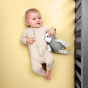 Baby in a beige onesie holding a gray and white striped toy while in a crib