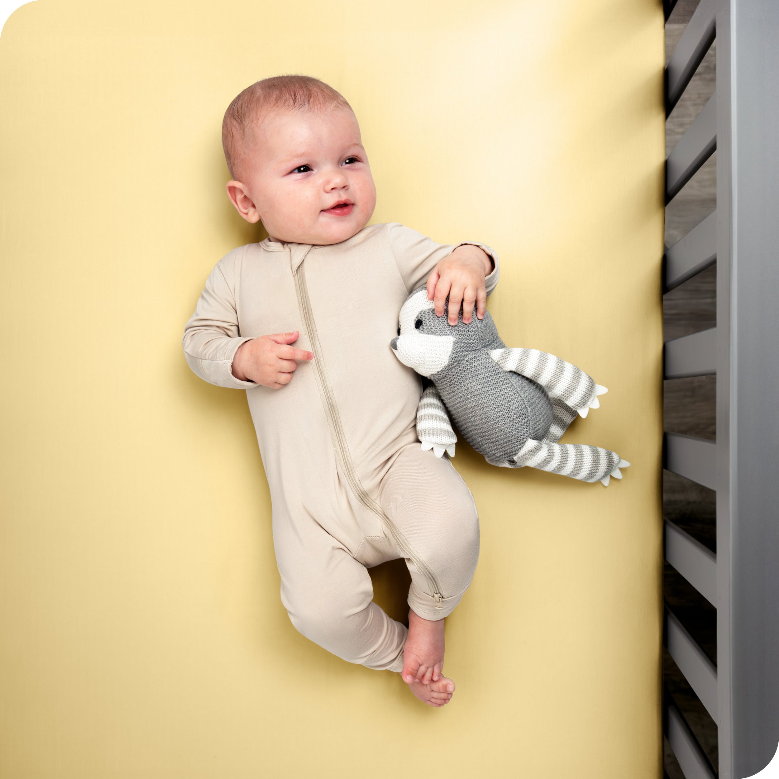 A peaceful baby rests in a crib with a stuffed animal.