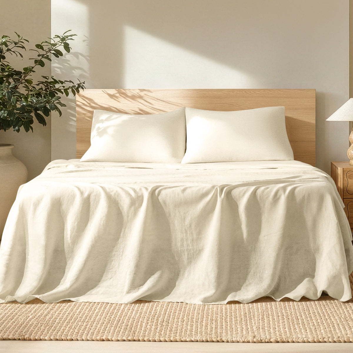Bed with linen bedding and pillows in a bright room with a plant and lamp.