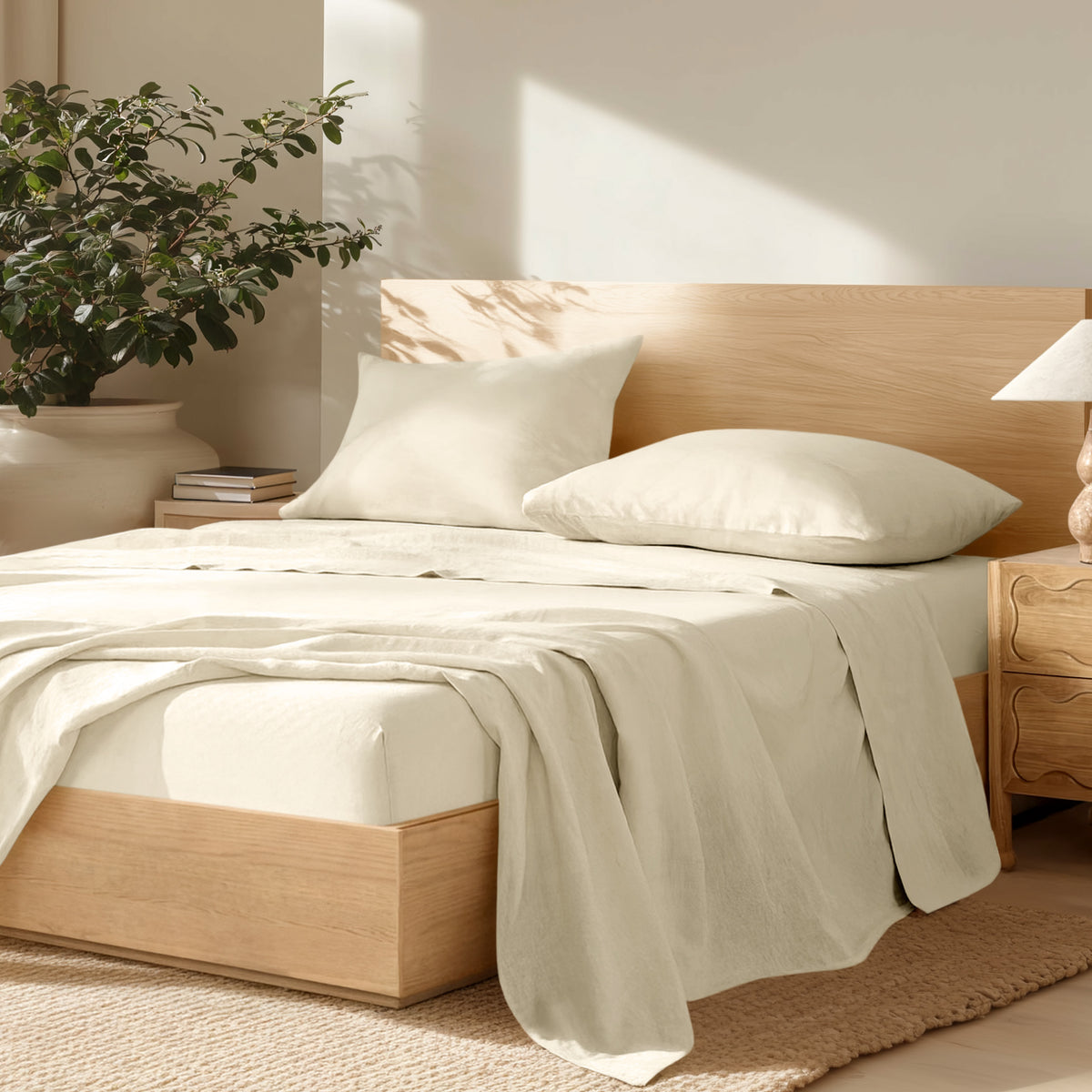 Bedroom with wooden bed frame, linen bedding, and a plant on a nightstand.
