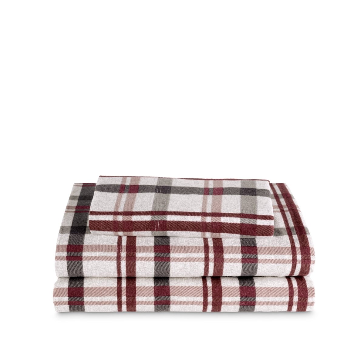 Stack of flannel sheets and pillowcases on a white background