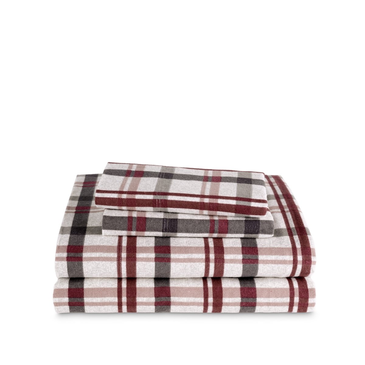 Stack of flannel sheets and pillowcases on a white background