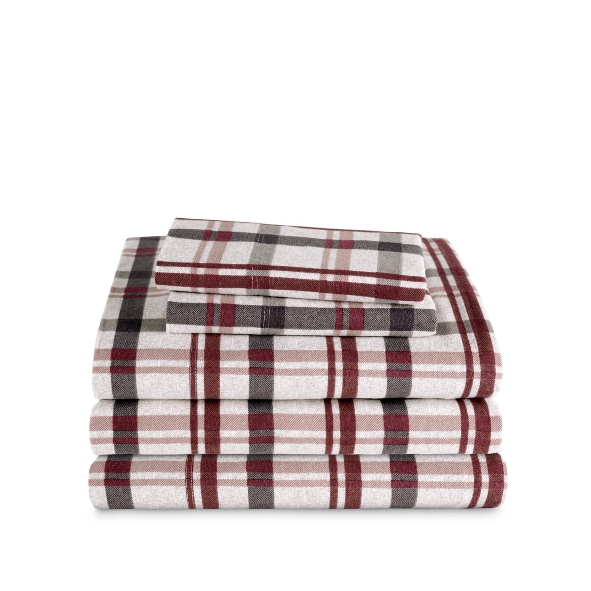 Stack of flannel sheets and pillowcases on a white background