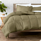 A modern bed with a down alternative comforter set on it