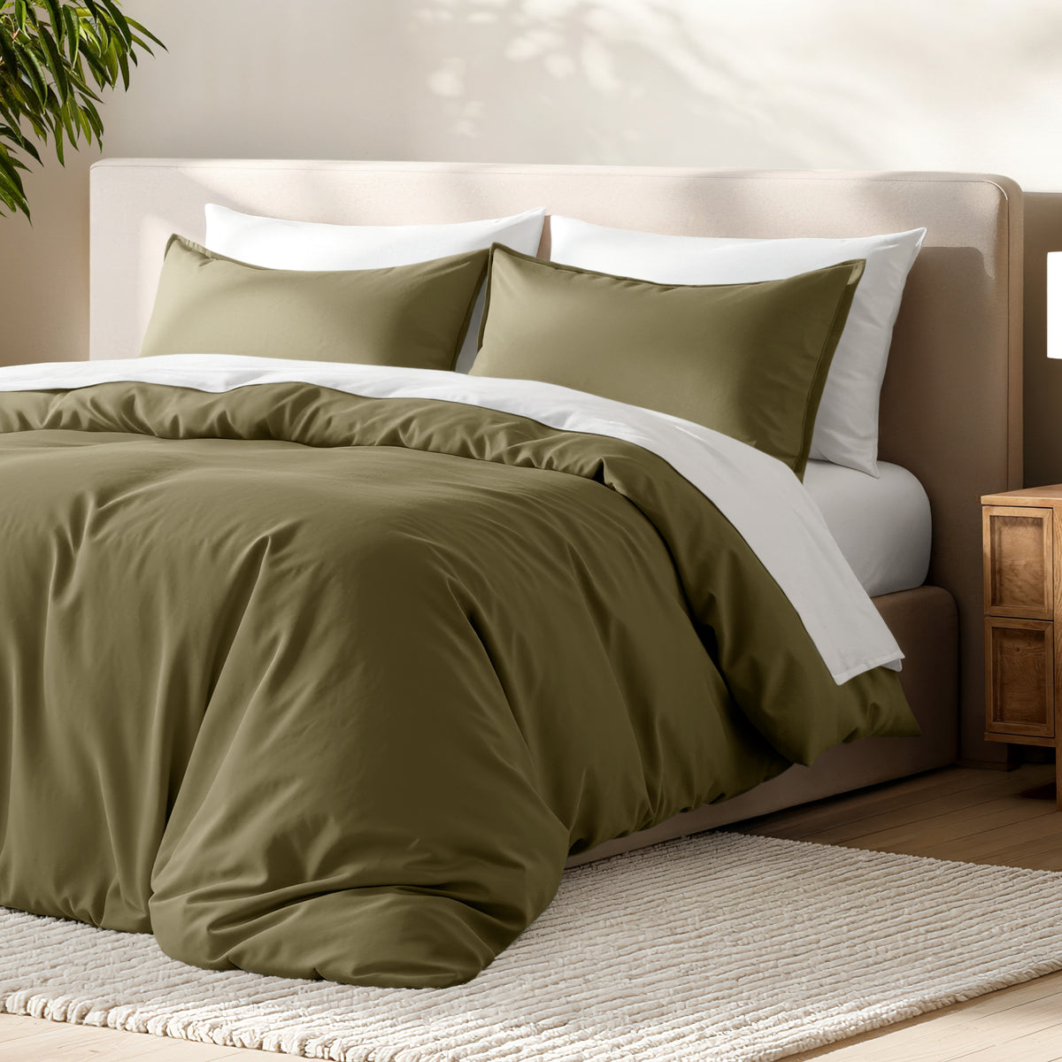 Bed with microfiber duvet cover and sham set in a bedroom setting.