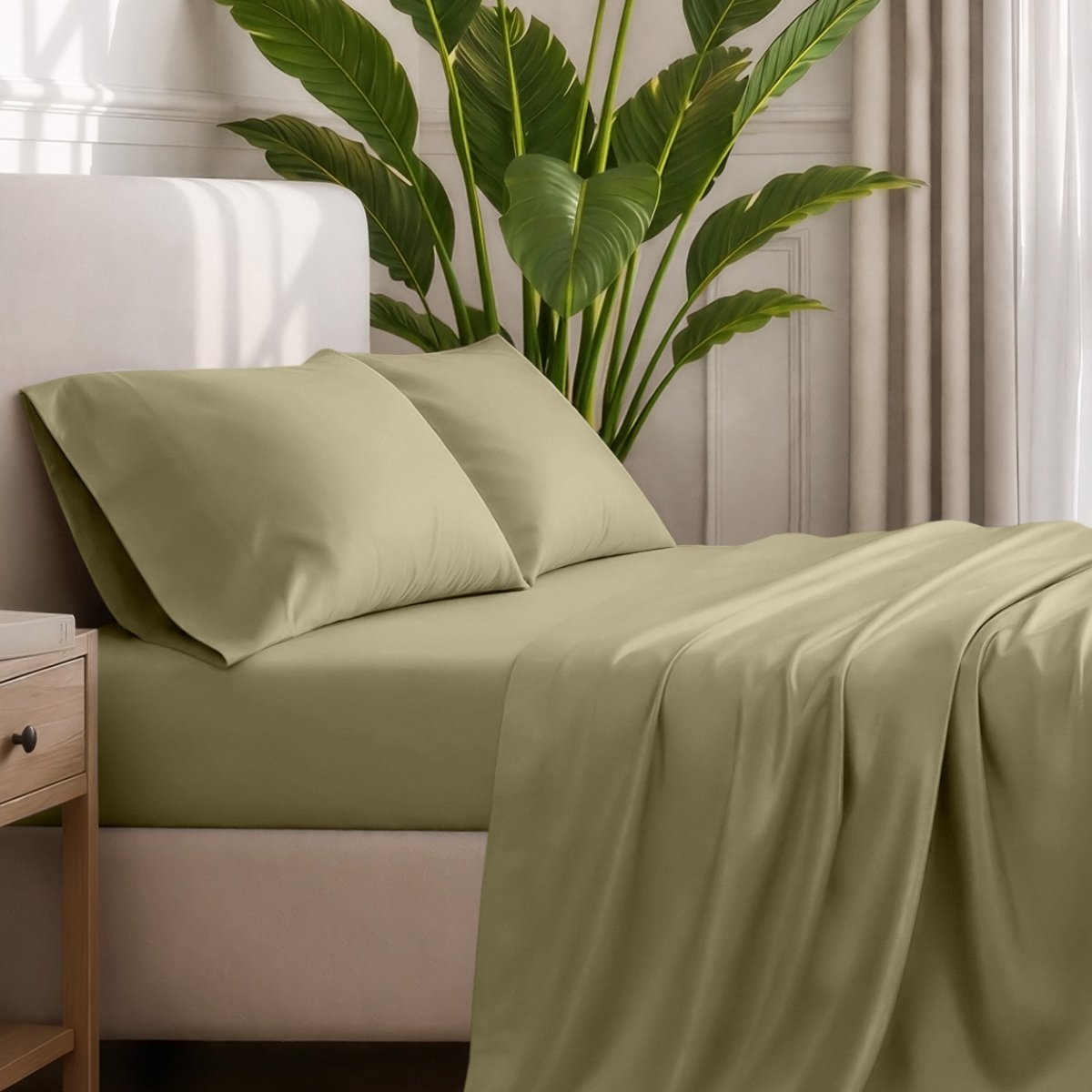 Ultra-soft sheets and pillowcases on a bed with a plant in the background