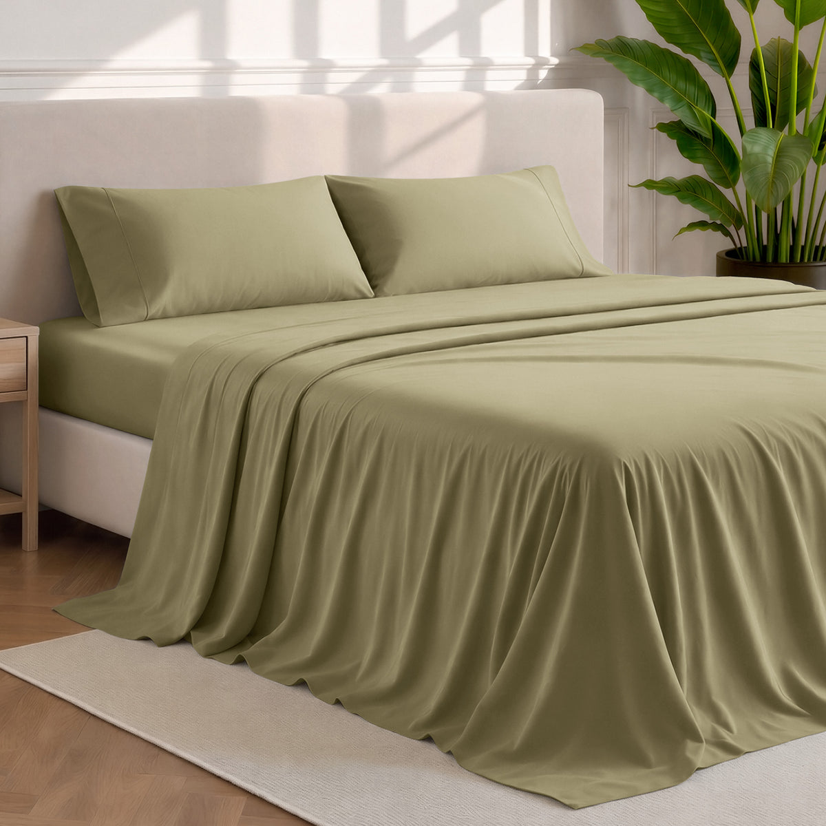 Microfiber sheets and pillowcases in a bedroom stetting