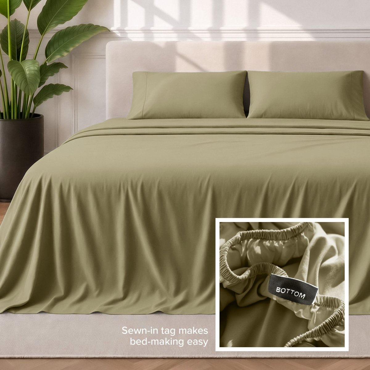 Sewn-in tag makes bed-making easy