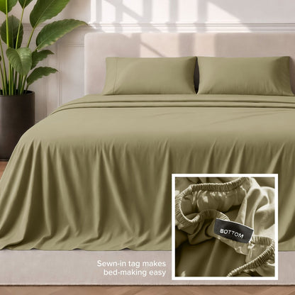 Sewn-in tag makes bed-making easy
