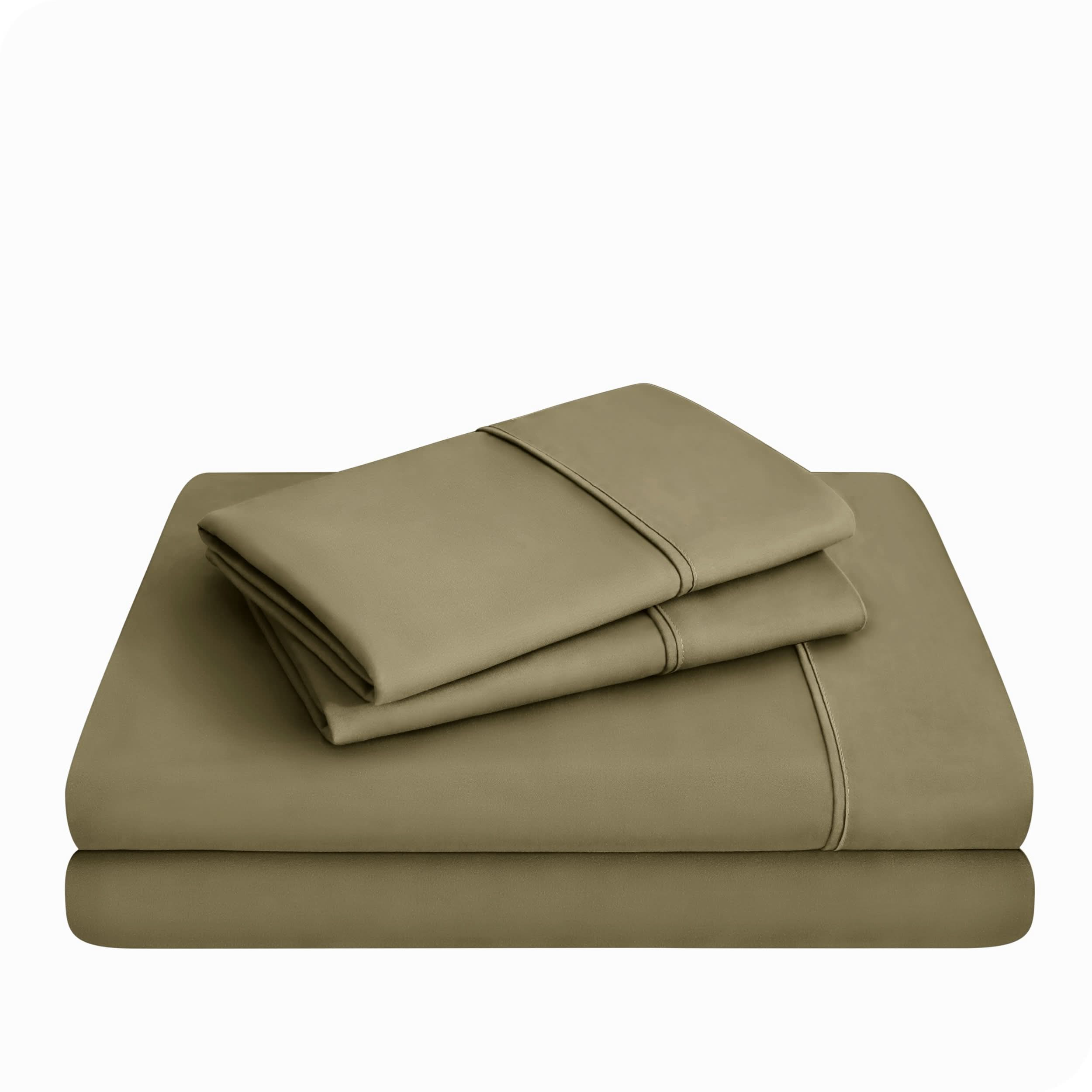 Microfiber sheet set folded and stacked neatly.